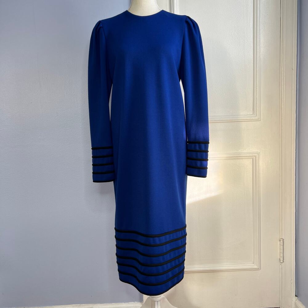 David Warren Dress Back Buttons Long Sleeve Wool Blue Vintage 80s Women's Size 8